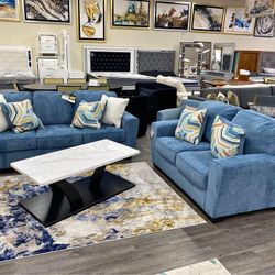 Just $10 Down Payment Finance ⚡⚡New Cashton  Blue Sofa & Loveseat Living Room Set 