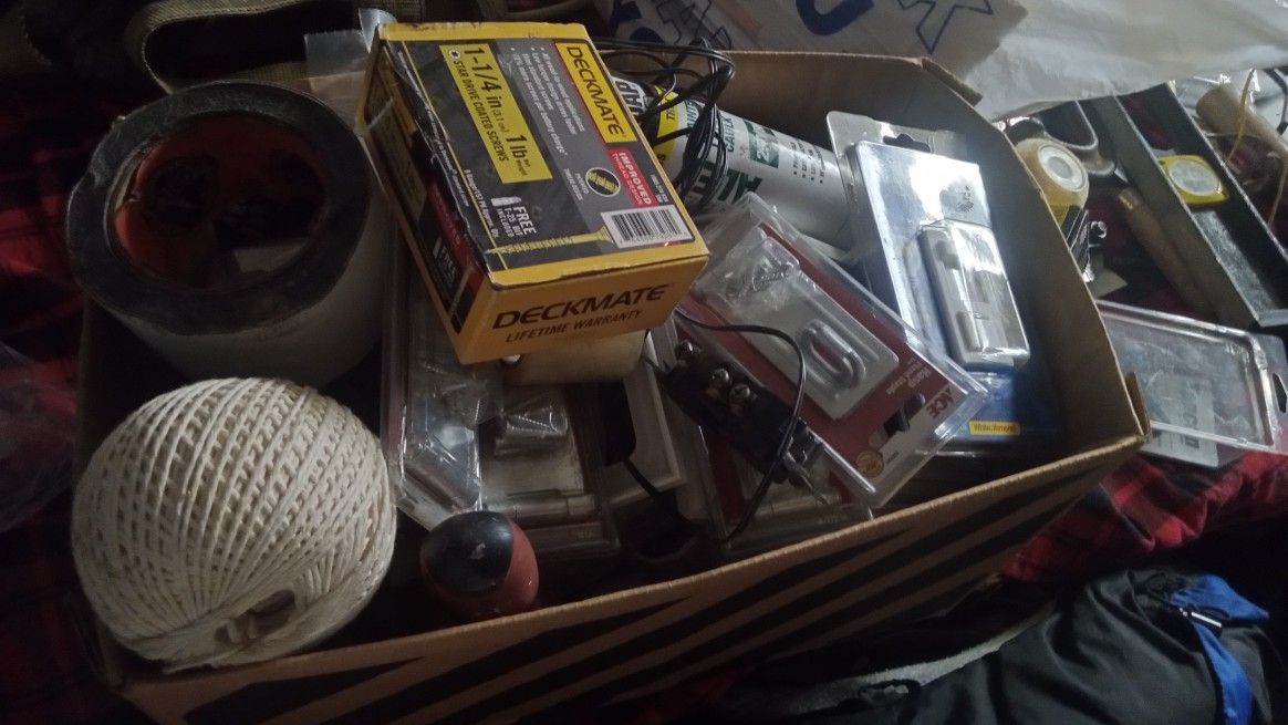 Box Of Tapcoms Deck Screws Light Switches Caulk Hasps Ect