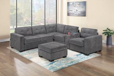 Brand New Grey Super Plush Waffle Suede Sectional Sofa w Ottoman