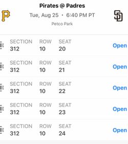 Pirates vs Padres MLB Tickets x5