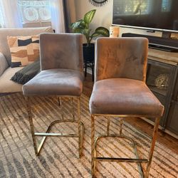 2 Grey Velvet and Gold Metal Counter Stools
