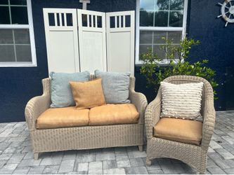 Beige Rattan Loveseat and Chair