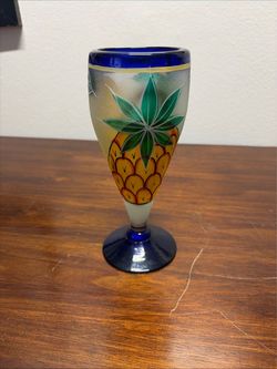 Hand Painted Folk Art fruit Wine Goblet Blue Cobalt Frosted Glass