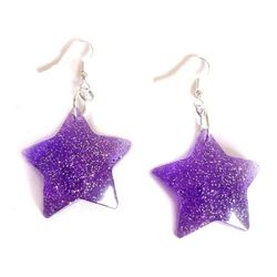 Purple and silver glitter Kawaii puffy star dangle earrings NEW handmade