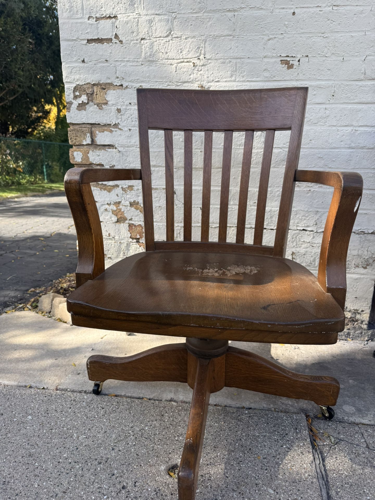 Antique solid Oak swivel desk chair- 4 new casters just installed