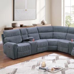 Grey sectional With Reclining Seats - Manual Motion + 2 x Console + Cup Holder
