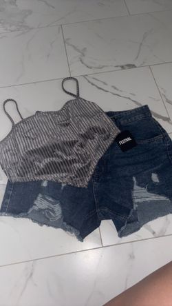 Blue shirt and grey crop top