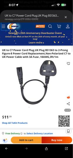 UK to C7 Power Cord Plug, UK Plug BS1363 to 2-Prong Figure-8 Power Cord Replacement