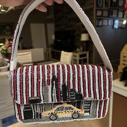 Beaded cityscape handbag-red and white