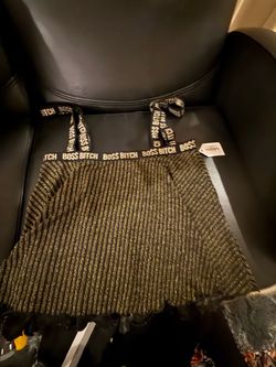 “BOSS BI%CH” SKIRT-black and gold shimmering sleeveless V-neck ruffled top