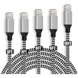 iPhone Charger, YEFOOT MFi Certified Cable 5 Pack(3/3/6/6/10FT) Nylon Woven with Metal Connector Compatible iPhone 12Pro Max/12Pro/12/11/Pro/Xs Max/X/