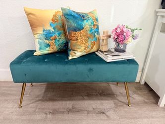 Teal Velvet Tufted Bench with Gold Legs