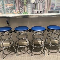 Blue Stools x 4 1970’s Richardson Stool Style Silver and Blue 15d x 29h x 21 spread Smoke free household