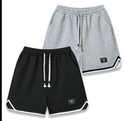 2 Pcs. Men's Casual Waffle Knit Breathable Lightweight Drawstring Grey & Black Shorts (L) NEW