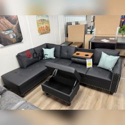 Faux Leather  3  Piece Living Room Sectional Sofa With Ottoman  - Limited Time Offer 