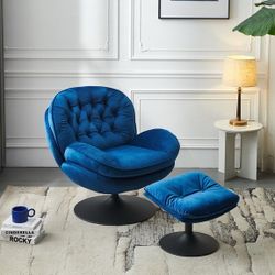 Blue Velvet Papasan / Swivel Accent Chair w/ Ottoman [NEW IN BOX] **Retails For $600