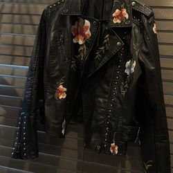 Floral patch leather jacket