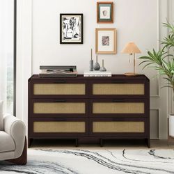 Rattan 6 Drawers Dresser,Storage Cabinet for Living Room Bedroom & Kitchen, Reddish Brown