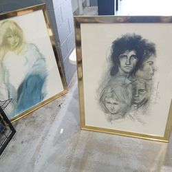 2 Large Vintage Framed Art Pieces Signed The Doors Jim Morrison + Unidentified