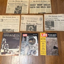 Man On The Moon Newspapers From 1968, 1969 Paul, Eight Man Lands On The Moon Even Over Papers From 1957, 1961 From The Space Race