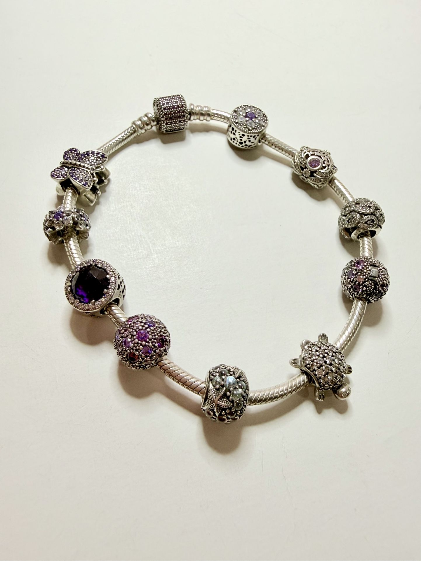 Pandora Sterling Silver Bracelet 9” w/ 11 Charms Turtle Butterfly Purple CZ