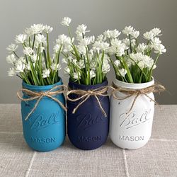 Chalk Painted & Distressed Mason Jar Vases 3 For $18