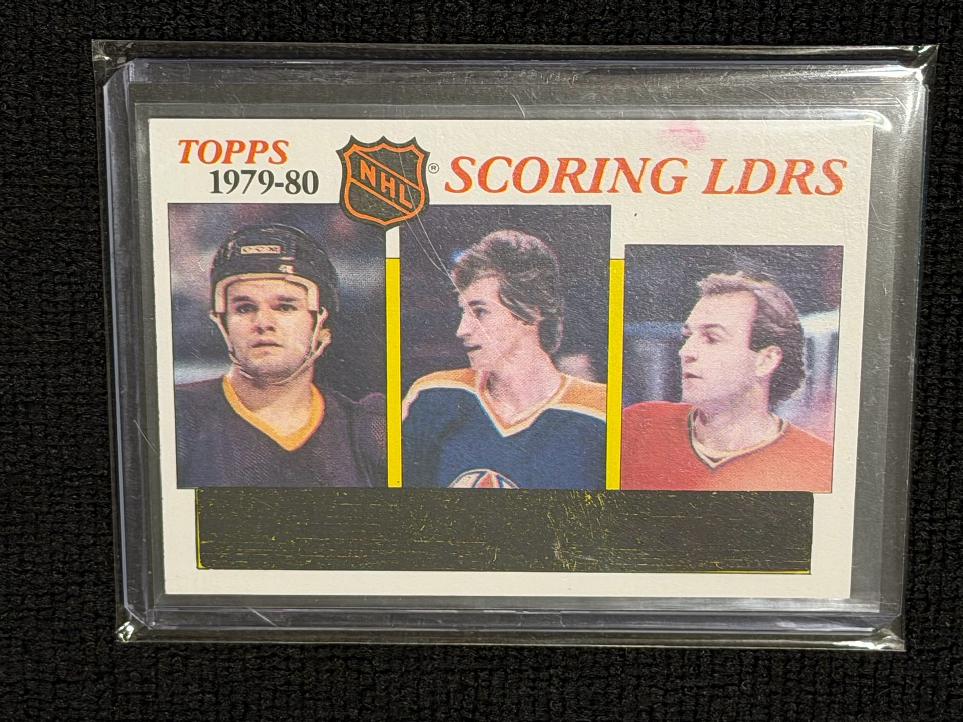 * Wayne Gretzky #163 1979/80 Topps Scoring Leaders with Marcel Dionne and Guy Lafleur * Blacked Out Still - Never Scratched