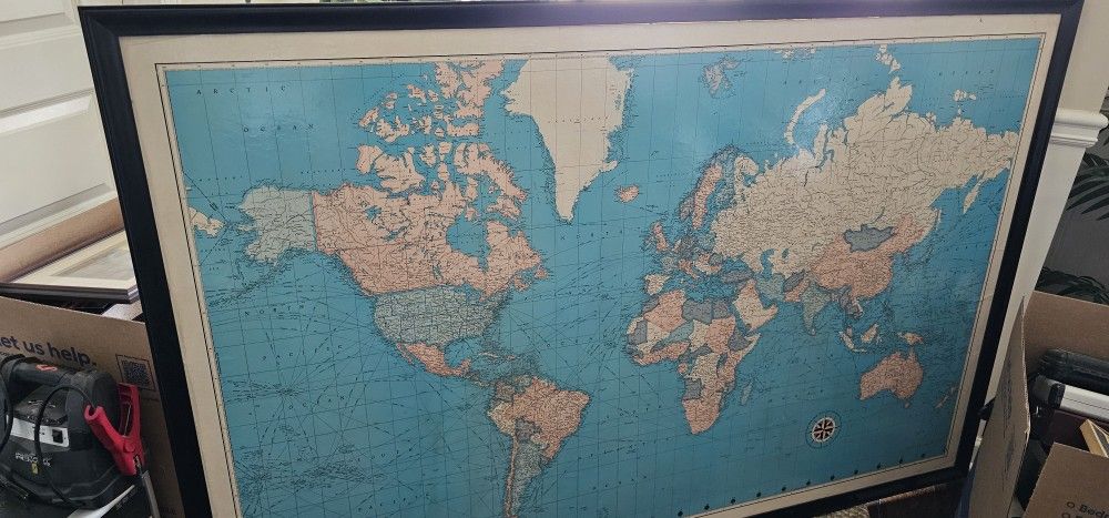 World / Earth Map With Black Frame - Dimensions are 66.5 x 44.