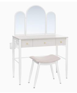 Makeup Vanity Table Set, Dressing Table, Makeup Table with Cushioned Stool, Tri-Fold Mirror, 3 Drawers, and Brush Holder, Metal Frame, Modern Vanity D