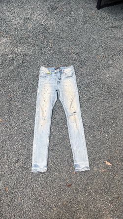 Light Wash Distressed Skinny Jeans with Paint Splatter