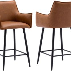 26" Brown Counter Height Bar Stool Set of 2, PU Leather Upholstered Kitchen Island Stools with Comfy Back Modern Counter Stools with Matte Leg and Foo