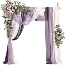 Ling's Moment Wedding Arch Flowers With Sheer Drapes Kit - Artificial Purple And Gold Rose Floral Arrangements For Ceremony Backdrop, Arbor Decor, 5-P