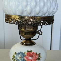Antique Hobnail Milk Glass Hurricane Lamp w/ Brass & Floral Decal