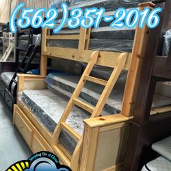 Natural Pine Wood Twin Full Double Bunk Bed Litera With 3 Mattresses 