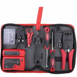 9pc Network Cable Tester Tool Kit Set for CAT5, CAT6, RJ11, RJ45. Ethernet LAN Crimper, Punchdown, Coax Stripper & More