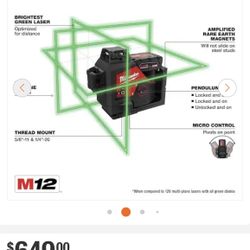 M12 12-Volt Lithium-Ion Cordless Green 250 ft. 3-Plane Laser Level Kit with One 4.0 Ah Battery, Charger and Case