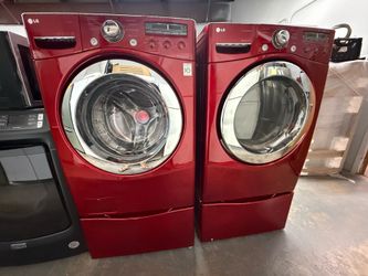Red LG Front Load Washer & Dryer Set with Pedestals
