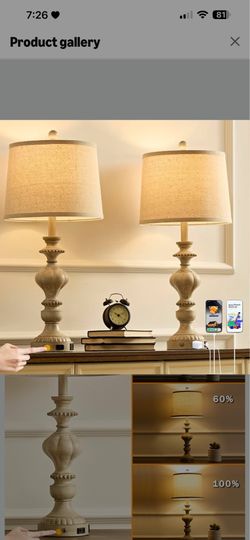 27.5" Farmhouse Table Lamps Set of 2 Bedside Nightstand Lamp with USB C+A Ports & AC Outlet, 3 Way Dimmable Touch Lamps for Bedroom Living Room Office