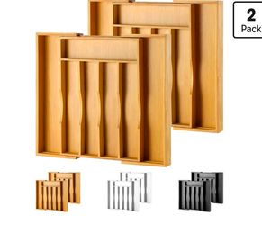-Piece Bamboo Silverware Organizer, Expandable Kitchen Drawer Organizer for Cutlery and Utensils, Multifunction Adjustable Bamboo Wood Cutlery Tray in