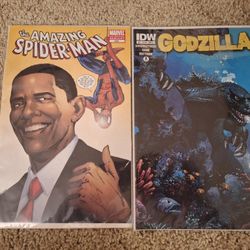 Spiderman Ft Barack Obama Comic Book & #2 Godzilla Comic Book