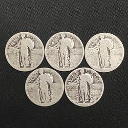 5x Standing Liberty Quarters Silver Dateless