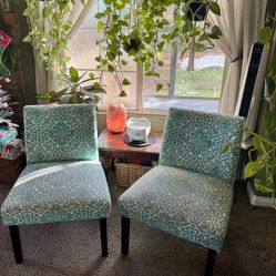 Turquoise damask patterned accent chairs (2)