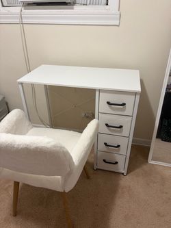 Space-Saving White Desk with Storage Drawers with Chair
