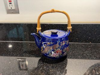 Vtg Japanese Cobalt Blue Porcelain Teapot Peacock & Peony Design w/Rattan Handle