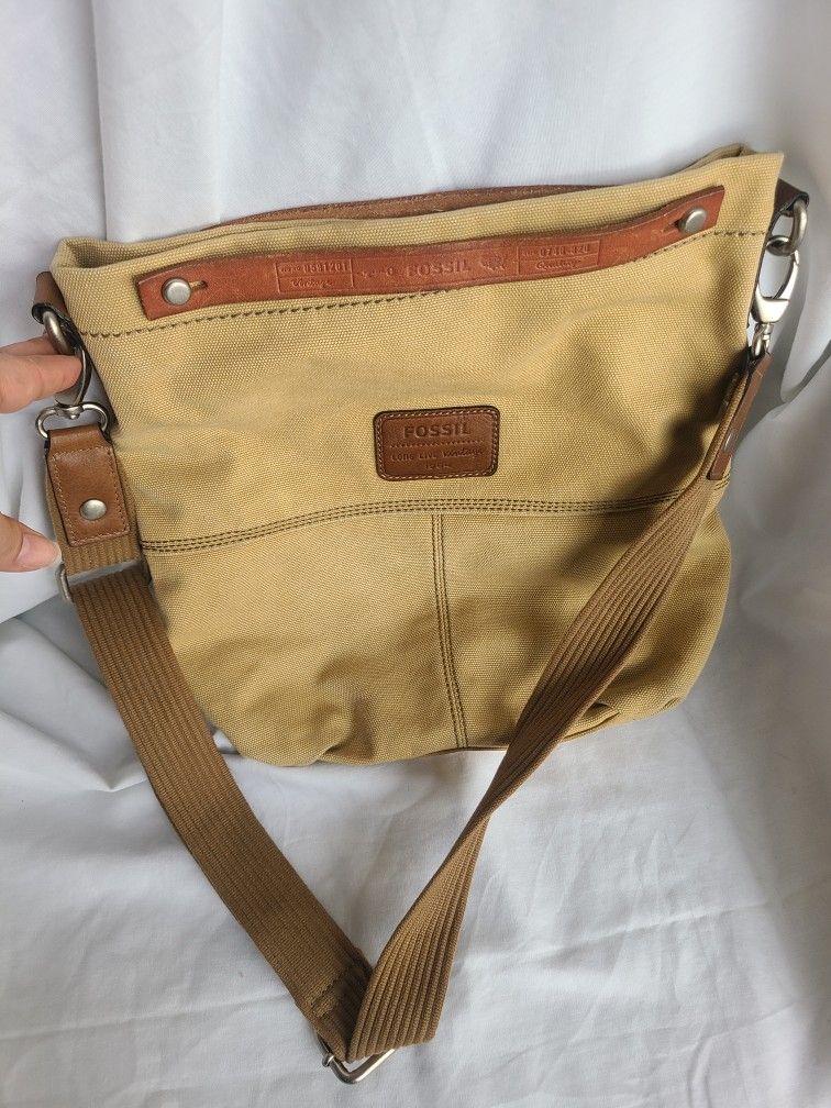 Fossil Utility Style Canvas Suede Shoulder Hobo Bag