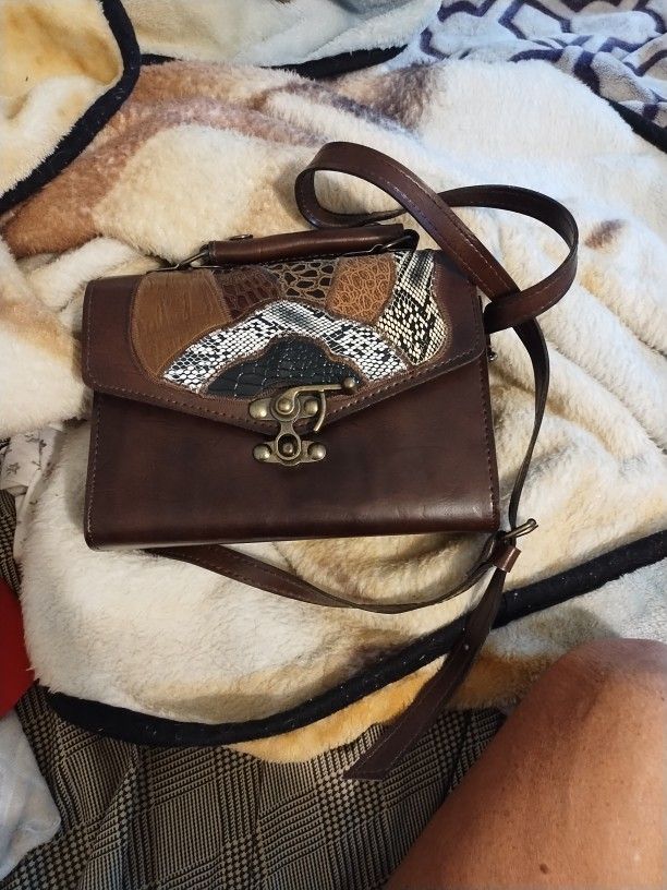1970s  Leather Purse  . Deep Rich Chocolate brown With Animal Skin Prints