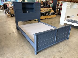 Navy Blue Full Size Bookcase Bedframe with Sliding Doors