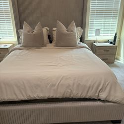 Queen Upholstered Wingback Bed + Box spring 