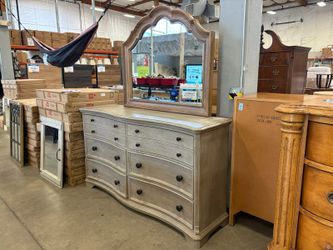 RIVERSIDE FURNITURE CORP. Grey Wash Serpentine Front 6 Drawer Dresser with Mirror