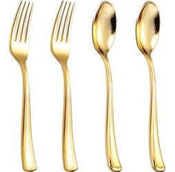 BUCLA 600PCS Gold Plastic Spoons And Forks Set - Plastic Forks And Spoons Disposable - Heavy Duty Gold Silverware Set Party Supplies Include 300 Forks